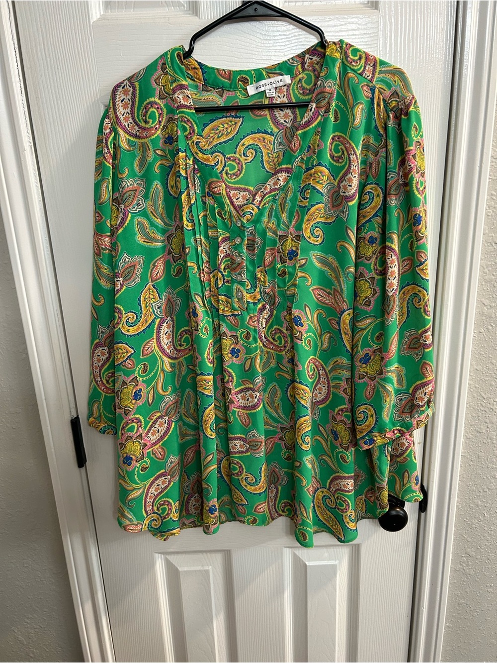 Rose & Olive 3/4 Puff Sleeve Silky Pleated Button Up Paisley Tunic-3X- Office